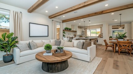 Fototapeta premium Bright, airy living room with sectional sofa, wooden coffee table, and open kitchen.