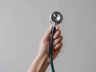 A hand holding a stethoscope against a plain background 