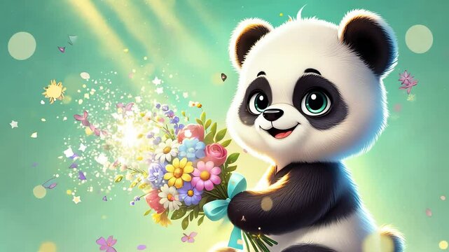 Cute panda with a bouquet of flowers.