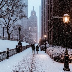 Snowy Cityscape  Winter Wonderland Walk  Couples Stroll  Snowfall  Urban Scene