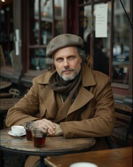 A mature man with gray hair and beard sits at an outdoor cafe table, wearing a brown coat, beret, and scarf, enjoying tea.