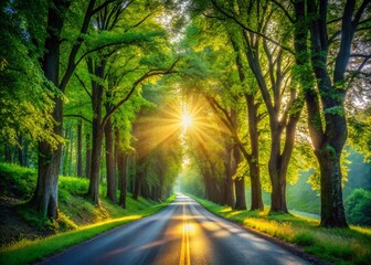 Naklejka premium Scenic Country Road Winding Through Lush Green Trees - Stunning Nature Photography