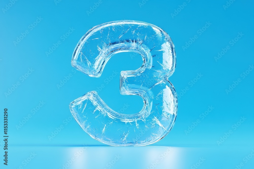 Poster the number 3 is made of ice and is floating on a blue background