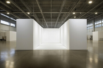 Empty exhibition hall front view with white blank booth