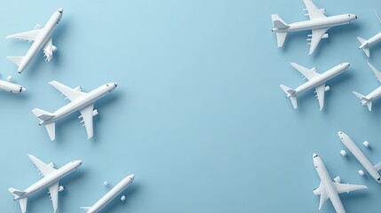 White plastic toy airplanes are spread across a blue background, creating a minimalist air travel themed design with ample space for text