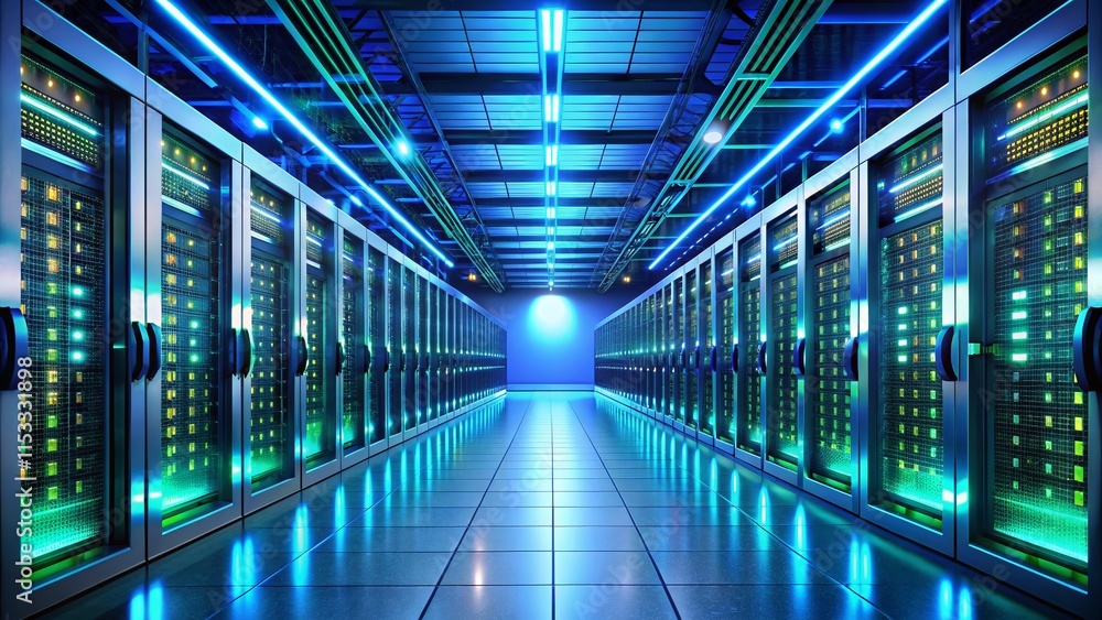 Poster secure data center: glowing servers & advanced digital security systems