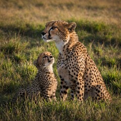 A cheetah mother playing with her cubs in a grassy plain.