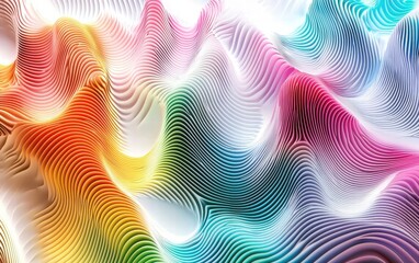 A dynamic 3D wave pattern in gradient rainbow colors, creating depth and movement on a white background