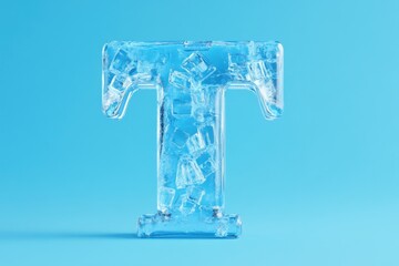 The letter T is made of ice and has a blue background