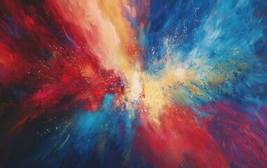 A dynamic explosion of colorful powder in shades of red, blue, and yellow, creating a striking abstract background
