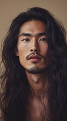 Man with long wavy hair in a thoughtful pose against beige background