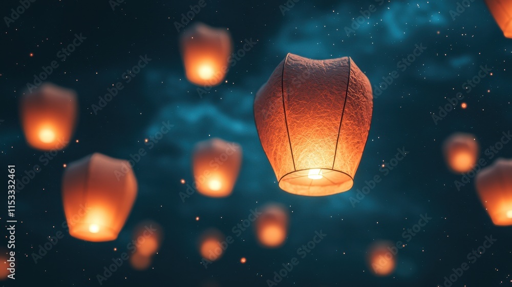 Aufkleber a serene night scene featuring floating lanterns illuminated against a dark sky, creating a magical 