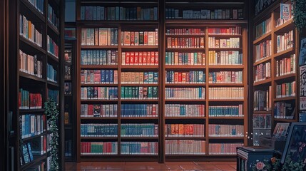 A library with a row of books and beautiful anime wallpaper 