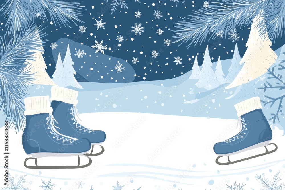 Aufkleber delightful winter scene featuring blue ice skates surrounded by snowflakes and frosty trees in a ser