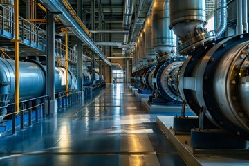 Shiny metal pipes and tanks dominate a clean, modern factory floor, reflecting the advanced technology within