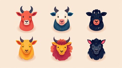 Obraz premium A colorful illustration of six animal heads, including a cow, goat, sheep, and bull, showcasing a playful and artistic design.