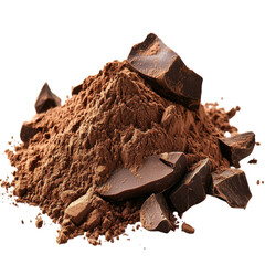 Dark chocolate powder and chunks arranged together with a rich texture in close-up view