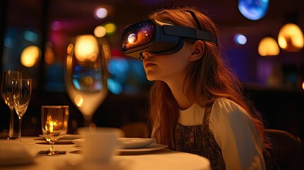 A little girl is gazing at a computerized space system with planets or universes while wearing a virtual 
