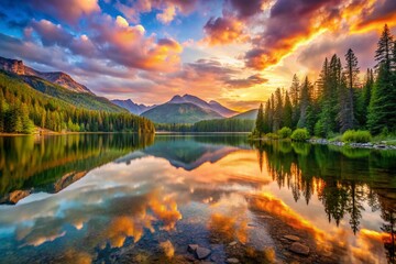 Obraz premium Serene Bass Lake Sunrise: Breathtaking View of Calm Water and Majestic Mountains