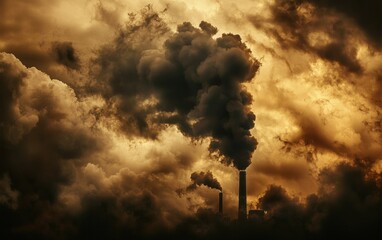 Obraz premium A factory emitting thick, dark smoke into the sky, symbolizing industrial pollution and its impact on the environment