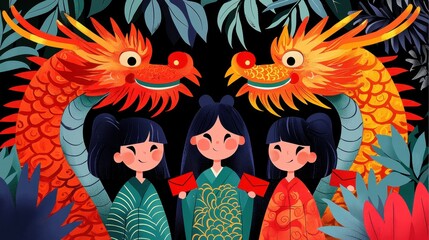 A colorful illustration featuring two dragons flanking three girls in traditional attire, surrounded by lush foliage, capturing a festive or cultural theme.