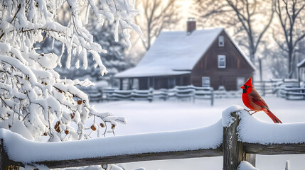 Naklejka premium Snowy winter scene with a red cardinal near a rustic farmhouse in a quiet countryside setting