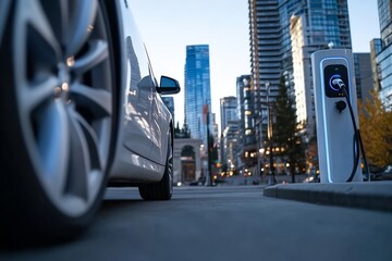 Electric vehicle charging station in an urban setting.