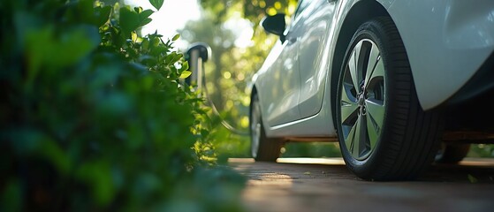 Electric vehicle charging near greenery on a sunny day.