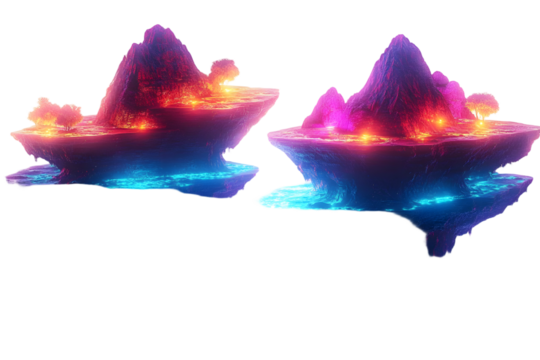 Vibrant digital art of floating futuristic islands with glowing lights, blending fantasy and sci-fi themes in a stunning visual masterpiece.