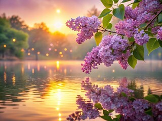 Serene Dawn: Lilac Blossoms Reflecting on Calm Lake Water
