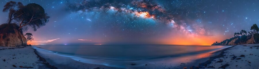 Obraz premium Panoramic night scene of a beach under the Milky Way galaxy, with trees on the shore and a colorful sunset.