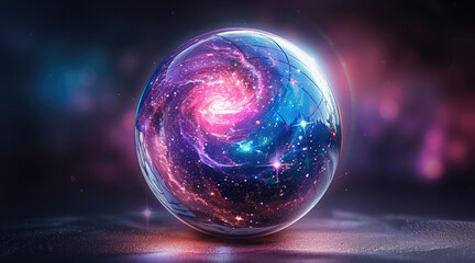 Fototapeta premium A transparent glass ball holding a glowing galaxy, vibrant nebulae in purples and blues, and sparkling stars, faint cosmic swirls, clean black gradient background.