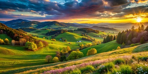 Obraz premium Serene Evening in a Spring Highland Valley: Vibrant Colors & Low Light