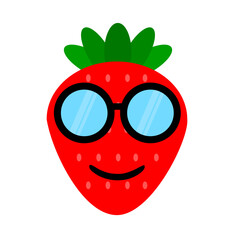 Cute strawberry cartoon style face with black rounded shape trendy glasses illustration. Vector illustration fruit strawberry with a smiling expression in summer sunglass. Fruit summer clip art mascot