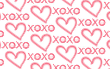 Seamless pattern of pink heart outlines and 