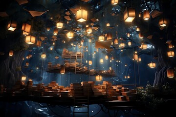 Magical treetop library with glowing lanterns and floating books.