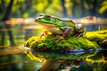 Fototapeta premium Serene Green Frog on Pond Log: Nature Stock Photo