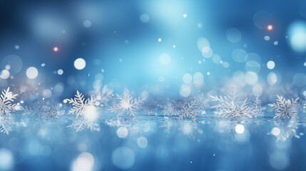 New Years, Christmas chaotic blur bokeh of light snowflakes on background blue