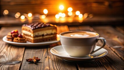 Obraz premium Warmly lit cup of milk coffee sitting on a wooden table surrounded by a few pieces of cake with a subtle background blur , breakfast