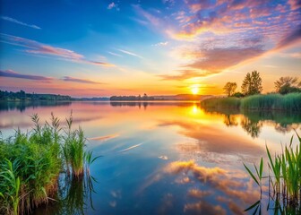 Fototapeta premium Serene Lakeside Dawn: Peaceful Sunrise Reflection on Calm Water with Copy Space