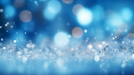 Obraz premium New Years, Christmas chaotic blur bokeh of light snowflakes on background blue