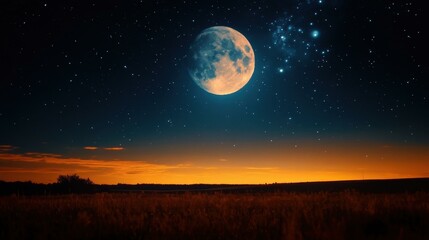 Moonlight Field. Full moon glowing bright over dark field at twilight,
