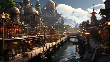 Fototapeta premium A bustling fantasy city with canals, bridges, and unique architecture under a bright sky.