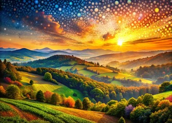 Fototapeta premium Serene Landscape, Pointillist Style, Dotted Painting, Nature Scene, Artistic Vista
