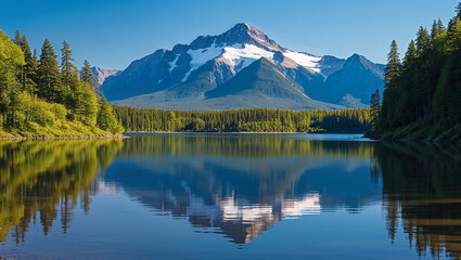Pyramid mountain reflecting in pyramid lake on a sunny summer day