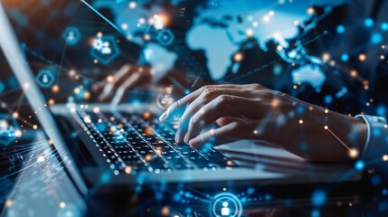 Global Network Connectivity: Hands Typing on Laptop with Digital World Overlay