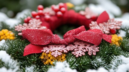 Snowy Christmas wreath with red ribbon and snowflakes.