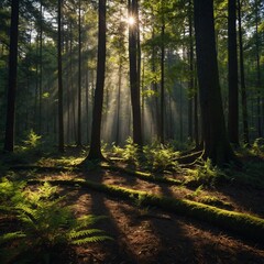 Obraz premium A tranquil forest with sunlight filtering through the trees, casting long shadows on the forest floor.
