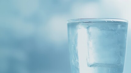 close up water glass on soft blue table lighting and shadow copy space clean and clear liquid cool for drink