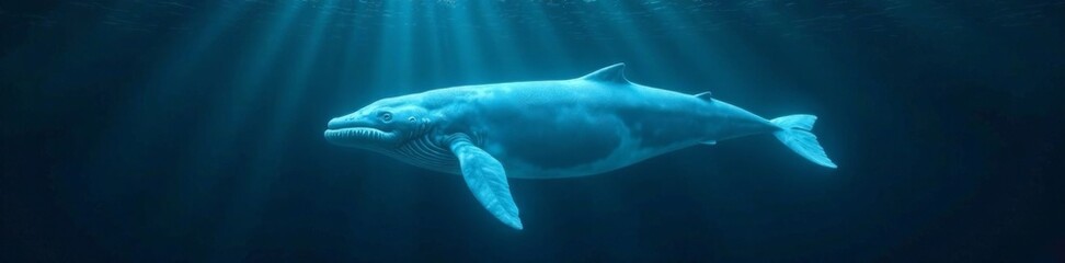 Fototapeta premium Lonely translucent whale floats in dark ocean depths, solitude, sea creature